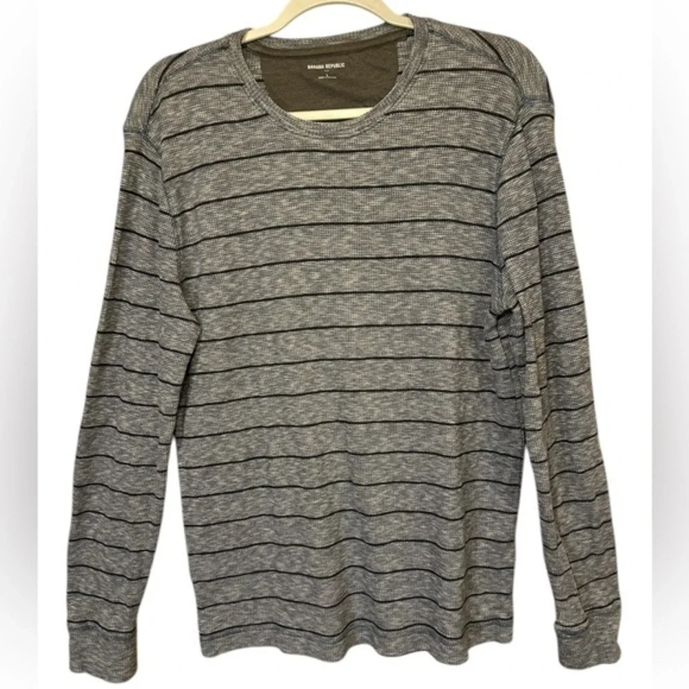 Banana Republic Mens Thermal Shirt Blue Large Striped Waffle Knit‎ Long Sleeve